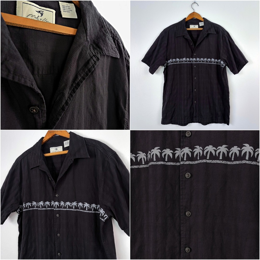 Vtg Marlin Minimal Hawaiian‎ Black Camp Shirt L Loop Collar Textured Boxy Cabana